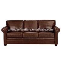 Genuine leather wood frame three seater living room sofa