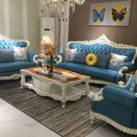 French style solid wood carving living room blue leather sofa set